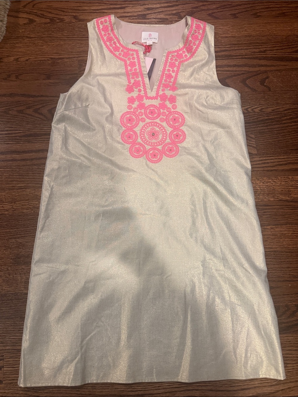 NWT JB by Julie Brown NYC Cotton/Linen Gold Dress with Pink Embroidery in Size 6